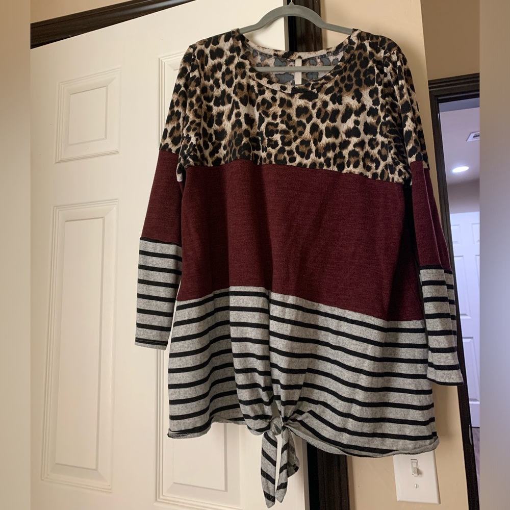 Leopard and burgundy multi fabric long sleeve